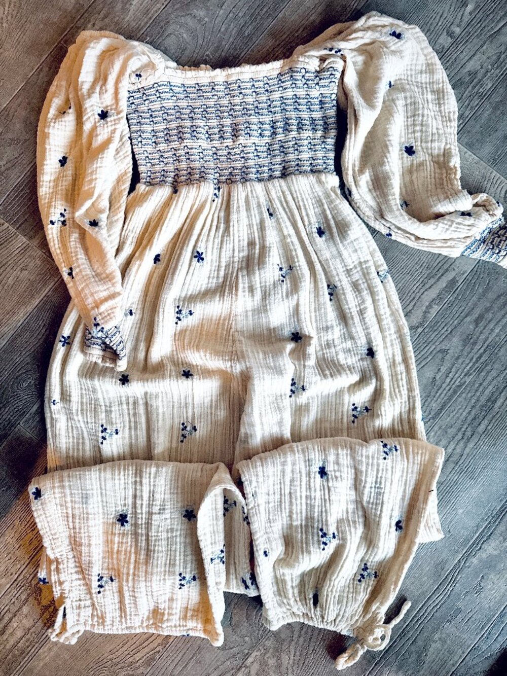 Free People Smocked Jumpsuit XS Cream Gauze PuffSleeve Wide Leg Boho Cottagecore